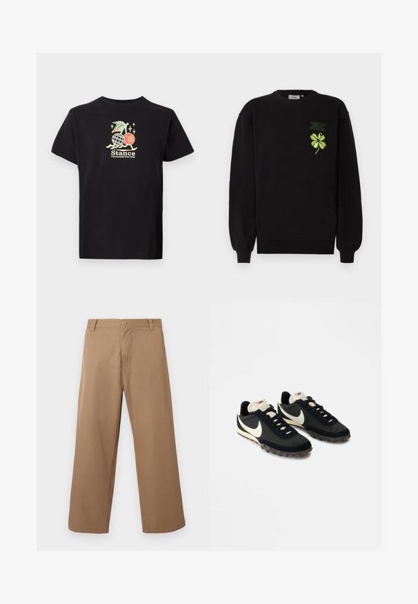 Schwarzer Pullover aus weichem Stoff mit grün gesticktem vierblättrigen Kleeblatt und Text auf der Brust. Gerippte Bündchen und Saum.; Schwarzes Baumwoll-T-Shirt mit einem bunten Grafikdruck, der eine Ananas und Kirschen zeigt. Der Text lautet "Stance Community Run Club." Mit kurzen Ärmeln.; Beige weit geschnittene Hosen mit Gürtelösen, vorderem Knopf- und Reißverschluss, vor einem einfarbigen hellen Hintergrund dargestellt.; Schwarze Sportschuhe mit einer strukturierten Oberseite, weißem Swoosh-Logo und einer Gummisohle, die mit kleinen Noppen für besseren Halt ausgestattet ist. Beigefarbener Kragen.