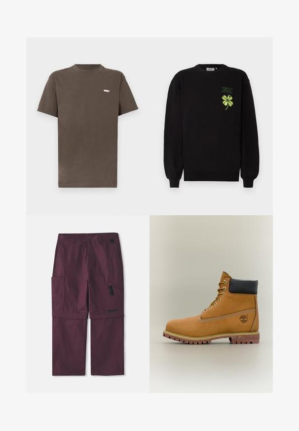 Sweat-shirt noir en tissu doux, avec un trèfle à quatre feuilles vert brodé et un texte sur la poitrine. Poignets et ourlet côtelés.; T-shirt en coton marron avec un col rond et des manches courtes. Il présente un petit logo blanc "OBEY" sur la partie supérieure gauche de la poitrine.; Pantalons cargo convertibles bordeaux avec poche zippée sur le côté et logo Timberland sur la jambe droite, avec entrejambe allongé montré.; Bottine en cuir marron avec col noir, lacets jaunes et semelle beige. Présente un logo et des détails de couture blanche. Semelle extérieure à traction robuste.