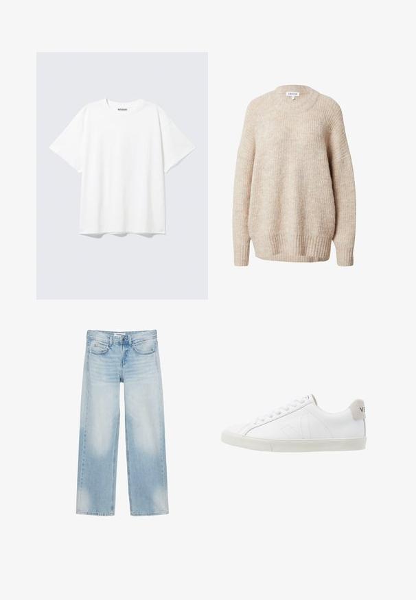 Pull en tricot beige avec un col rond, des épaules tombantes et des poignets et un ourlet côtelés. Il offre une coupe légèrement ample et texturée.; T-shirt blanc à manches courtes, col rond, coupe décontractée et étiquette "WEEKDAY" à l’intérieur du dos du col.; Jean bleu clair à jambes larges avec cinq poches, passants pour ceinture, fermeture par bouton et légère décoloration sur l'avant des cuisses et des genoux.; Baskets en cuir blanc avec une semelle en caoutchouc texturée et blanc cassé. Les caractéristiques incluent des lacets, des coutures discrètes et un accent en daim gris au niveau du talon.