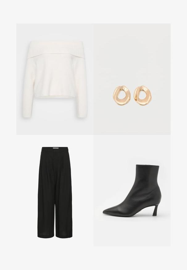 Pull en tricot blanc à épaules dénudées, avec des manches longues et un col côtelé. Texture douce et design court.; Pantalon noir à jambes larges avec plis à l'avant, taille avec passants pour ceinture et détail de bouton latéral à la taille.; Steve Madden LULAH - Boots à talons - black; Paired boucles d'oreilles en métal doré poli de forme irrégulière avec un centre ouvert sur un fond blanc uni.