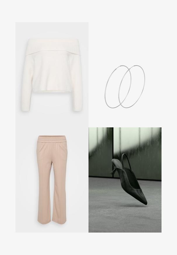 Off-shoulder weißer Strickpullover mit langen Ärmeln und geripptem Ausschnitt. Weiche Textur und cropped Design.; Helle beige, elastische Bundhose mit lockerer Passform. Verfügt über vertikale Nähte und einen weichen, glatten Stoff. Schlaghosen-Design.; Schwarzer Slingback-Highheel aus Leder mit spitzer Schuhspitze, schwebt über grauem Teppichboden, unscharfer grünlicher Wandhintergrund.; Silberne Creolen mit minimalistischem Design. Rundform, glatte Oberfläche und dünnes Profil. Leichtgewichtig mit hochglänzender Oberfläche.