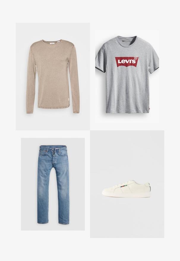 Beige langærmet skjorte i blødt stof med rund halsudskæring, lige snit og et lille logo mærke nederst til højre.; Grå bomulds t-shirt med et rødt Levi's logo i en buet design. Korte ærmer, rund hals og et mærke på nederste venstre side.; Lysblå denim jeans med en lige ben-design, fem lommer og en knaplukning. Har diskrete falmede områder og syninger som accent.; Lysebeige sneakers med en glat tekstur, snørelukning og farverig stribet detalje på siden. Hvid gummisål. Ensfarvet bagtil.