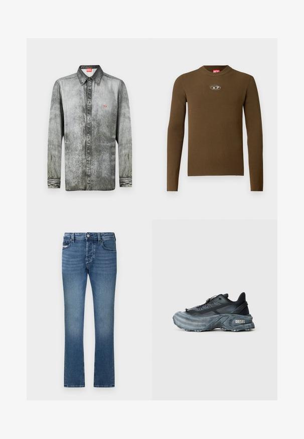 Haut marron à manches longues côtelé avec un col rond et un patch logo sur la poitrine. La texture est lisse et ajustée, fabriquée en matière extensible.; Chemise à manches longues en denim gris délavé avec un col boutonné, comportant un petit logo rouge sur la poitrine et un tissu texturé.; Jean en denim bleu avec une coupe droite, un design à cinq poches et une finition délavée. Dispose d'une ceinture à passants et d'une fermeture à bouton métallique.; Baskets Diesel noires et grises avec semelle épaisse, système de laçage à bascule et design texturé sur fond gris clair uni.