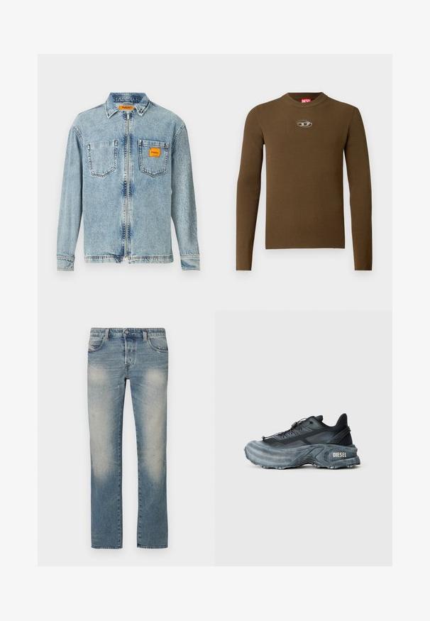 Pruun soonik pikkade varrukatega topp ümmarguse kaelusega ja logoga plaastriga rinnal. Tekstuur on sile ja kehakujuline, valmistatud venivast materjalist.; Helefrontse lukuga helesinine denim jakker, kahe rindkere taskuga ja väikese oranži Replay Inc. etiketi avaga paremas taskus ja kraes.; Hele sinised sirgele lõikele teksapüksid, kustutatud aladega, viie taskuga ja nööpkinnitusega. Kangal on kerge kulumise ja kulumisjälgede efekt.; Mustade ja hallid Diesel ketsid paksu tallaga, nööriga lukuga ja tekstuurse mustriga, tavalise heleda halli tausta ees.