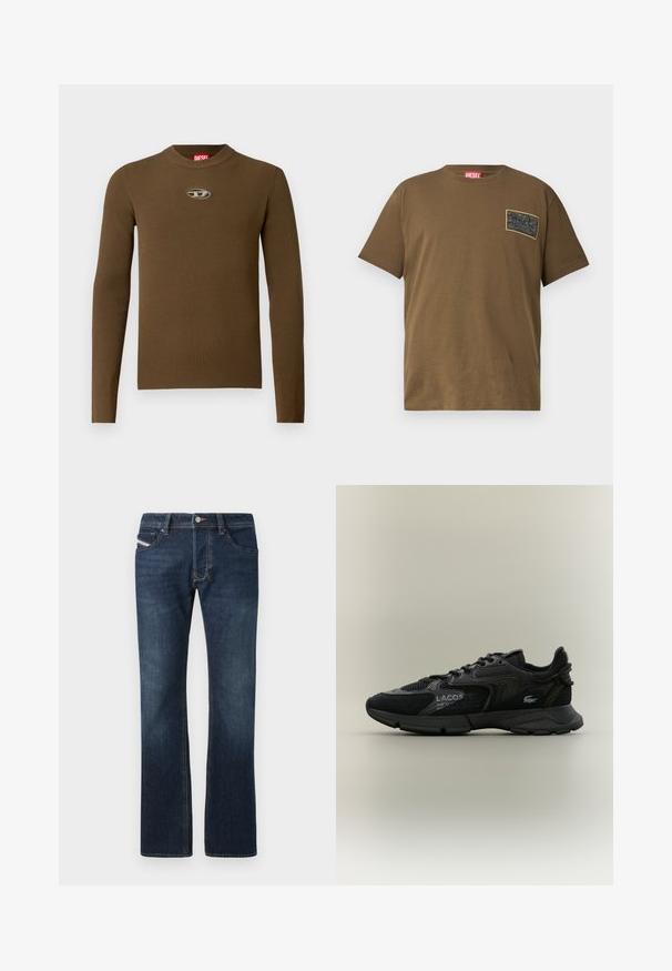 Hnedý rebrovaný top s dlhými rukávmi, s okrúhlym výstrihom a logom na hrudi. Textúra je hladká a priliehajúca, vyrobená z elastického materiálu.; Hnedé bavlnené tričko s okrúhlym výstrihom, s čiernou grafickou nášivkou na ľavej hrudi. Krátke rukávy a rovný lem.; Tmavomodré džínsy s rovnými nohavicami, piatimi vreckami a jemnými švovými detailmi. Obsahujú kovový gombík a zips na zapínanie.; Čierne tenisky Lacoste s panelmi z elastickej sieťoviny a semišu, čiernou podrážkou, šnúrkami, logom a textom s údajmi na boku na jednofarebnom béžovom pozadí.
