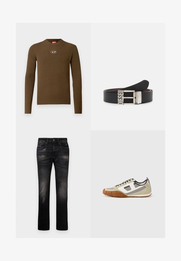 Brun ribbet langærmet top med rund hals og et logopatch på brystet. Teksturen er glat og tætsiddende, lavet af strækbart materiale.; Sorte denim jeans har en lige ben skæring, falmet tekstur og subtil slidte tegn. Inkluderer standardlommer og lukning med knap.; Athletiske sneakers med beige overdel med grå og hvide accenter, tekstureret ruskind og mønstret gummisål. Brune skosnørebånd og en trækflig medfølger.; Sort læderbælte med en sølvmetal spænde, der har den prægede tekst "DIESEL." Designet er stilrent med en glat overflade.
