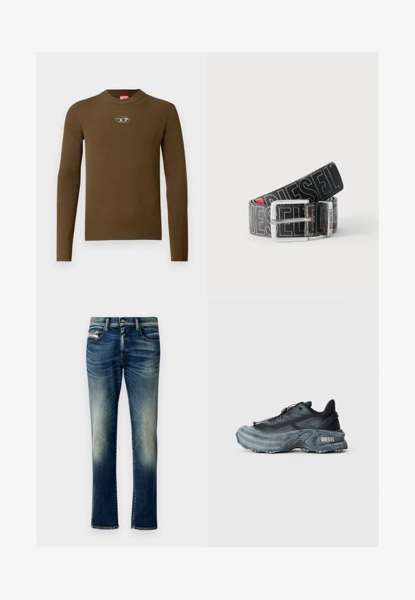Braunes, geripptes Langarmshirt mit Rundhalsausschnitt und einem Logopatch auf der Brust. Die Textur ist glatt und figurbetont, gefertigt aus dehnbarem Material.; Dunkelblaue Jeans aus Denim mit ausgewaschenem Effekt, gerader Schnitt, kontrastierenden Nähten, fünf Taschen und einem Knopfverschluss an der Taille.; Schwarz- und graue Diesel-Sneaker mit dicker Sohle, Schnürverschluss und strukturiertem Design auf einem schlichten hellgrauen Hintergrund.; Schwarzer Diesel-Gürtel mit großem weißen Logotext, rechteckiger silberner Schnalle und gebrandetem Metallschlaufen-Detail, aufgewickelt auf hellem Hintergrund.