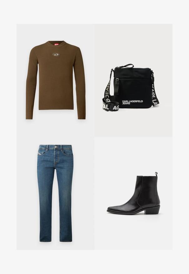 Haut marron à manches longues côtelé avec un col rond et un patch logo sur la poitrine. La texture est lisse et ajustée, fabriquée en matière extensible.; Jean en denim bleu foncé avec une coupe droite, style à cinq poches et un léger délavage. Présente un bouton métal et des passants de ceinture.; Zign by Zalando LEATHER - Bottines de cowboy / motard - black; Sac bandoulière en nylon noir avec fermeture éclair, doté d'une bandoulière avec logo et du texte blanc "KARL LAGERFELD JEANS" à l'avant. Surface texturée.