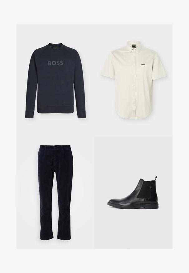 Marineblauwe longsleeve crewneck-trui met geribbelde manchetten en zoom, met verhoogde "BOSS" tekst in het midden van de borst.; Witte korte mouwen blouse met knoopsluiting, knoopsluiting aan de kraag, zwart "BOSS"-logo op de borst en groene binnenkraaglabel.; Marineblauwe corduroy broeken met een platte voorkant, twee zijzakken en een enkele knoopsluiting. Zacht van textuur, licht toelopende pijpen.; Zwarte leren Chelsea-boots met elastische zijpanelen, een treklipje en een vlakke rubberen zool. Gladde textuur met minimale details.