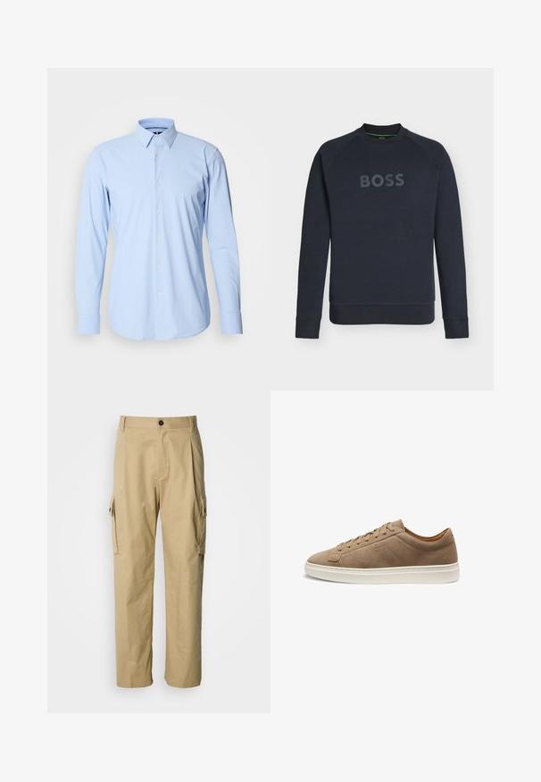 Marineblauwe longsleeve crewneck-trui met geribbelde manchetten en zoom, met verhoogde "BOSS" tekst in het midden van de borst.; Lichtblauwe lange mouwen shirt gemaakt van een katoenmix, met een knoopsluiting aan de voorkant, enkele manchetten en een klassiek kraagontwerp.; Beige cargobroek gemaakt van duurzaam stof, met een ontspannen pasvorm, zijzakken en een knoopsluiting in de taille.; Beige suède sneaker met lage enkel, vetersluiting aan de voorkant en witte rubberen zool, zijaanzicht, minimale stiksels en gegraveerd merkembleem.