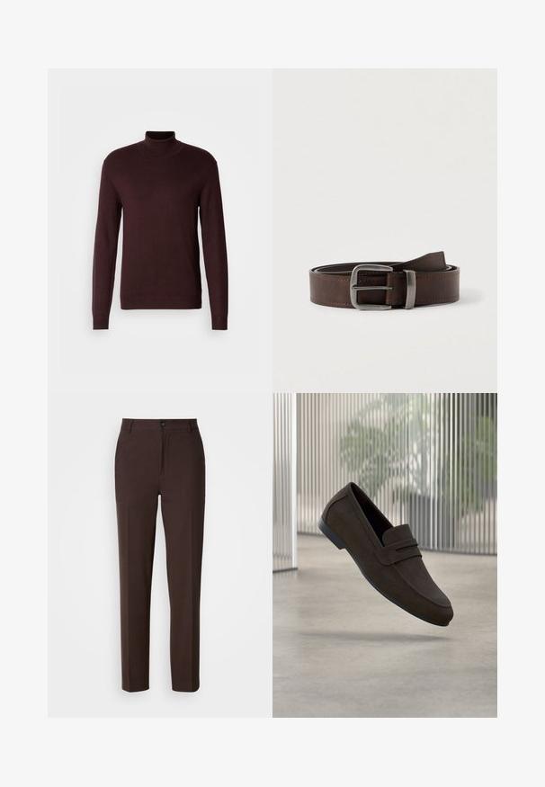 Bordeaux turtleneck sweater i blødt strikket stof, med lange ærmer, tætsiddende pasform og ribbet manchetter og kant. Glat tekstur, minimalistisk design.; Brune bukser med lige ben, der har en enkelt forskydning foran, en knaplukning og en glat stofoverflade.; Brune loafers i ruskind med et slankt design, der har en rem over overlæderet, rundet tå og en flad gummisål.; Mørkebrunt læderbælte med sølv rektangulært spænde, rullet og placeret mod en lys neutral baggrund.