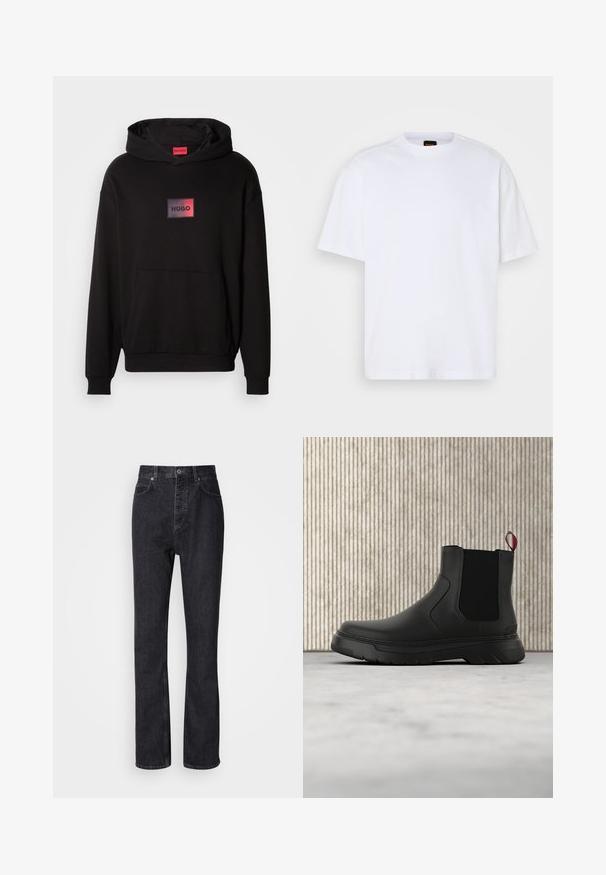 Sort hættetrøje lavet af blødt stof, med en front kangaroo-lomme og et rektangulært logo i rød og sort på brystet.; Hvid bomulds T-shirt med rund hals, korte ærmer og en afslappet pasform. Har strukturerede skuldersømme for ekstra detaljer.; Høj talje sorte denim jeans med knap- og lynlåsåbning, for- og baglommer samt lige ben.; Sort ankelstøvle med en glat overflade, elastiske sidepaneler og en kontrasterende rød træksløjfe, der har en tyk gummisål og rund tå.