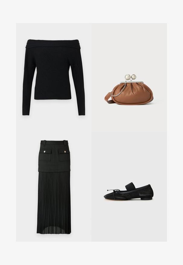 Schwarzes schulterfreies Langarmshirt aus geripptem Stoff mit strukturiertem Diagonalmuster und weitem Ausschnitt.; Schwarzer Rock mit einem strukturierten Taillenbund und zwei aufgesetzten Taschen, mit einem plissierten, längeren unteren Teil. Der Stoff wirkt glatt und strukturiert.; Schwarze flache Schuhe mit einer spitzen Zehe, aus strukturiertem Stoff, mit einem Schleifenakzent und einem kleinen, runden Absatz. Elastisches Band am Knöchel.; Braune Leder-Clutch mit silbernem Kugelverschluss und einem kleinen silbernen Kettendetail auf weißem Hintergrund.