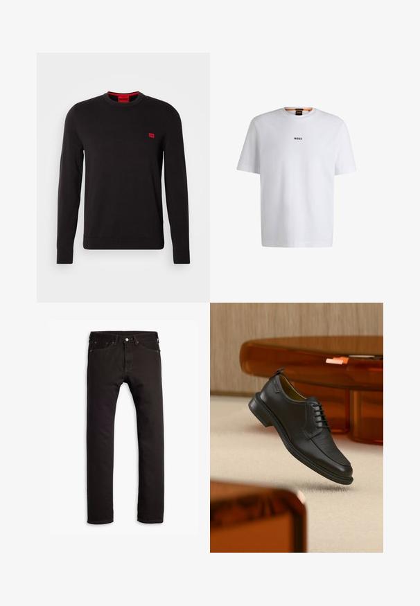 Sort crewneck sweatshirt lavet af blødt stof, med lange ærmer, ribbede manchetter og et lille rødt logo-patch på brystet.; Hvid bomuld T-shirt med korte ærmer, med et sort "BOSS" logo centreret på brystet og en rund halsudskæring.; Sorte slim-fit jeans med fem lommer og knaplukning, præsenteret fladt på en hvid baggrund.; Sort lædersko med snørebånd og tekstureret front, svævende over beige tæppe i et moderne rum med møbler i ravfarvet toning.