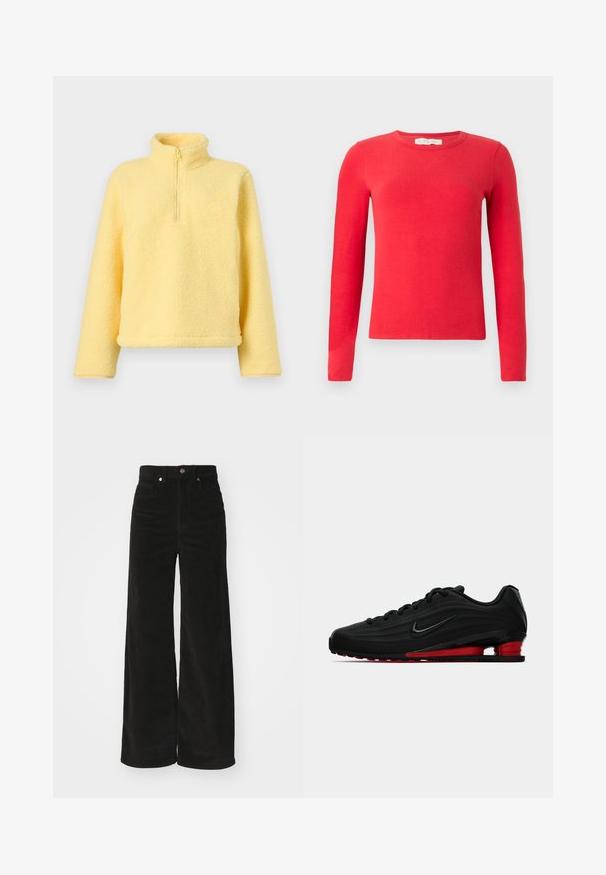 Pehme keltainen fleece-pusero, jossa pitkät hihat, korkea kaulus ja puolen vetoketjun suljenta edessä keskellä.; Punainen pitkähihainen pyöreäkauluksinen neule, jossa on kapea istuvuus ja yksinkertainen muotoilu, esillä valkoista taustaa vasten.; Mustat corduroy-latwide-housut korkealla vyötäröllä, joissa on kaksi etutaskua ja metalli-napitus. Rakenteellinen kangas, jossa on pystyridged.; Musta Nike juoksukenkä, jossa on punainen pehmustettu pohja ja musta swoosh-logo, esitetty sivuprofiilissa valkoista taustaa vasten.