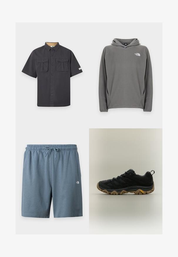 Sweat à capuche en polaire grise avec une poche avant, une capuche à cordon de serrage ajustable et un petit logo blanc sur le côté gauche de la poitrine.; Chemise à manches courtes gris foncé avec deux poches poitrine boutonnées et une étiquette sur la manche gauche.; Shorts à taille élastique bleue avec cordon de serrage et petit logo blanc The North Face sur la cuisse gauche.; Chaussure de randonnée noire avec semelle Vibram marron texturée et languette au talon, présentée de profil sur fond neutre.