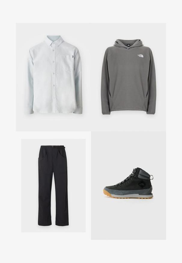 Grijze fleece hoodie met een voorzak, verstelbare capuchon met trekkoord en een klein wit logo op de linkerborst.; New Balance OXFORD - Overhemd - blue; Zwarte broek met rechte pijpen, elastische tailleband en verstelbare gesp riem, voorzien van voor- en zijzakken.; Zwarte hoge wandelboots gemaakt van gestructureerd suede en synthetische materialen, met grijze accenten, een robuuste rubberen zool en grijze veters.