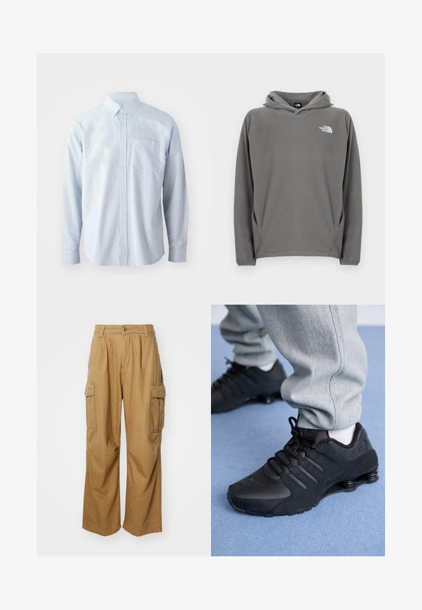 Grijze fleece hoodie met een voorzak, verstelbare capuchon met trekkoord en een klein wit logo op de linkerborst.; Lichtblauw overhemd met lange mouwen gemaakt van katoen. Voorzien van een button-down kraag, knopen aan de voorkant en een borstzak aan de linkerkant.; Tan cargobroeken met een rechte pijpdesign, voorzien van twee zijzakken en een knoopsluiting. Gemaakt van een zachte, duurzame stof.; Persoon in zwarte Nike Shox sneakers en een grijze joggingbroek staand op een lichtblauw tapijt.
