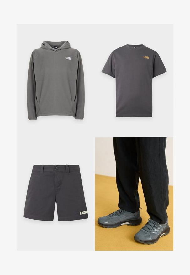 Sweat à capuche en polaire grise avec une poche avant, une capuche à cordon de serrage ajustable et un petit logo blanc sur le côté gauche de la poitrine.; T-shirt gris foncé à manches courtes, col rond, avec petit logo jaune "The North Face" sur le haut gauche de la poitrine.; Shorts décontractés gris foncé à devant plat avec passants pour ceinture, fermeture à bouton sur le devant, poches obliques, et patch logo Columbia sur l'ourlet de la jambe gauche.; Baskets de sport grises en mesh et synthétique avec un profil de semelle prononcé, des accents réfléchissants et un design à lacets, associées à un pantalon noir ample.