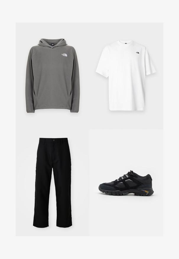 Grå fleece-hættetrøje med frontlomme, justerbar snøre i hætten og et lille hvidt logo på venstre bryst.; Hvid bomuld t-shirt med korte ærmer, V-udskæring, med en lille sort logo på øverste venstre side. Blød tekstur, afslappet pasform.; Sorte lige ben bukser med bæltestropper, frontknap og lynlås lukning på ensfarvet lys baggrund.; Sort udendørs sko lavet af ruskind og mesh med en robust sål. Har grå accenter og Vibram-branding på siden. Snøredesign.