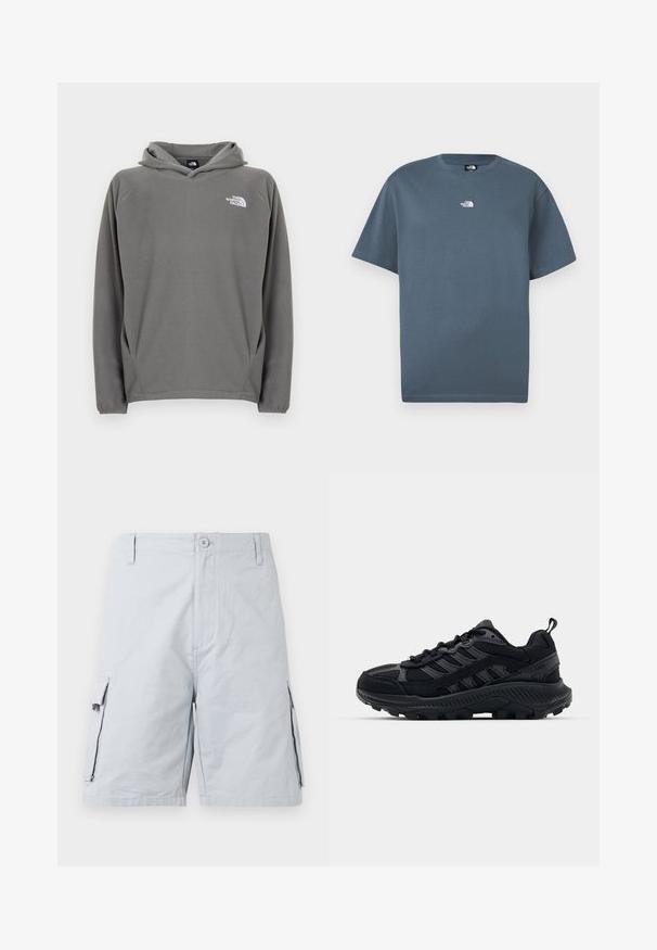 Sweat à capuche en polaire grise avec une poche avant, une capuche à cordon de serrage ajustable et un petit logo blanc sur le côté gauche de la poitrine.; T-shirt bleu à manches courtes avec col rond et petit logo blanc "The North Face" centré sur la poitrine.; Shorts cargo pour hommes gris clair, avec fermeture à bouton, passants pour ceinture et poches à rabat de chaque côté.; Chaussures de sport noires avec une tige en mesh texturé et en suède, bout renforcé et semelle extérieure robuste. Présente un design à lacets et une languette.