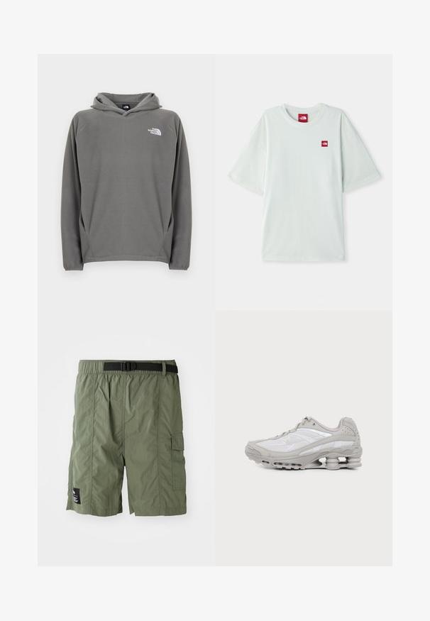 Grijze fleece hoodie met een voorzak, verstelbare capuchon met trekkoord en een klein wit logo op de linkerborst.; Lichtgroene T-shirt met korte mouwen van zachte katoen, voorzien van een klein rood logo label op de linker borst. Ontspannen pasvorm en ronde halslijn.; Olijfgroene cargoshorts met een elastische tailleband en een zwarte gesp. Voorzien van een zijzak en een gestructureerde stof.; Grijze en witte sportschoen met zichtbare luchtkussenzool en meshpanelen, in profiel weergegeven op een eenvoudige lichte achtergrond.
