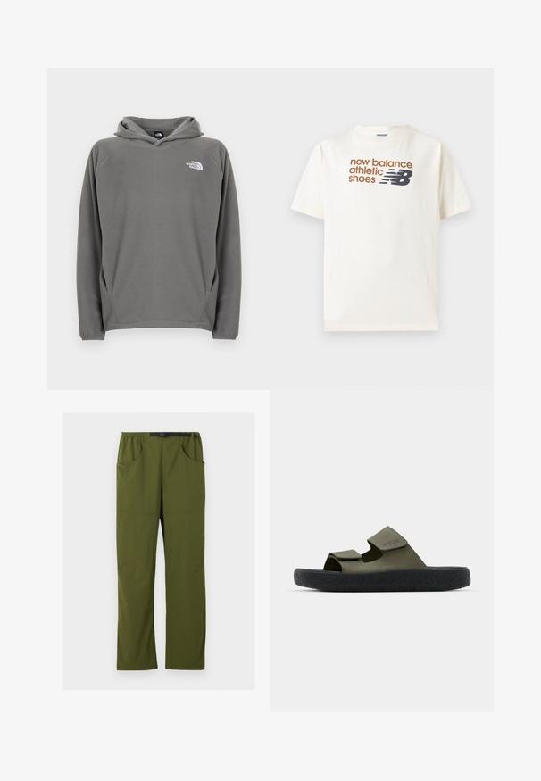 Grauer Fleece-Kapuzenpullover mit Fronttasche, verstellbarem Kordelzug an der Kapuze und kleinem weißem Logo auf der linken Brustseite.; Weißes T-Shirt mit kurzen Ärmeln, braunem Text "new balance athletic shoes" und schwarzem New Balance-Logo mittig auf der Brust.; Olivgrüne gerade geschnittene Hose mit elastischem Bund und schwarzem verstellbarem Schnallen-Gürtel, Vorder- und Seitentaschen, Details in der vorderen Naht.; Grüne Gummisandalen mit zwei verstellbaren Riemen und einer strukturierten schwarzen Sohle mit einem Profilmuster. Markenlogo auf dem Riemen sichtbar.
