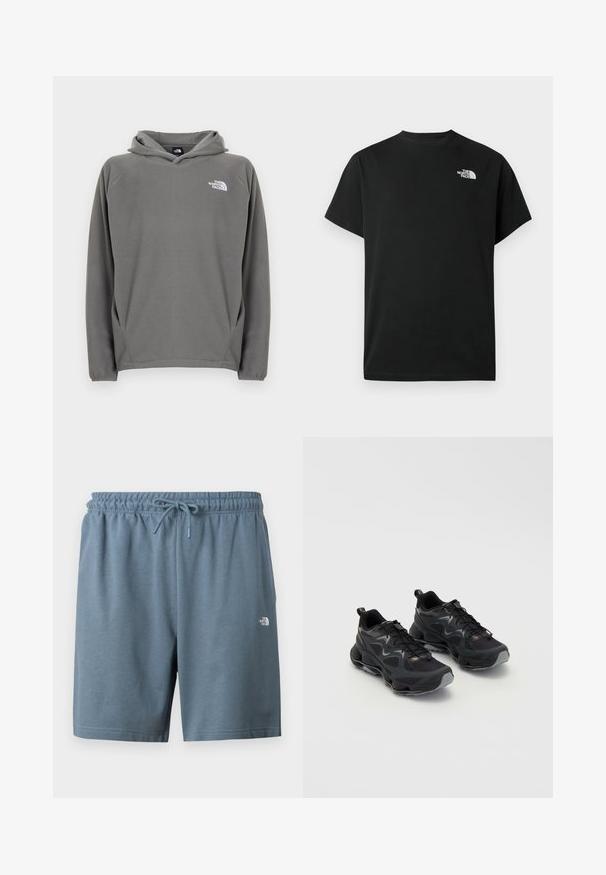 Sweat à capuche en polaire grise avec une poche avant, une capuche à cordon de serrage ajustable et un petit logo blanc sur le côté gauche de la poitrine.; T-shirt noir à manches courtes en coton. Présente un logo blanc sur le côté gauche de la poitrine. Coupe simple avec un col rond et des détails de design minimalistes.; Shorts à taille élastique bleue avec cordon de serrage et petit logo blanc The North Face sur la cuisse gauche.; Chaussures de sport noires avec une tige en maille texturée, dotées d'une semelle épaisse, d'un système de laçage et de subtils accents gris.