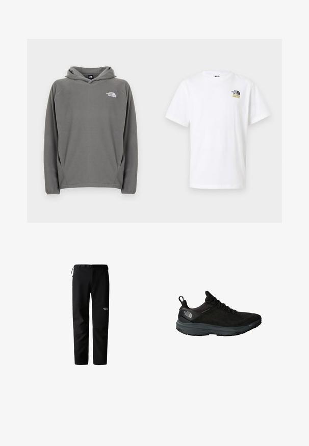Sudadera gris de forro polar con bolsillo frontal, capucha con cordón ajustable y un pequeño logo blanco en el área del pecho izquierdo.; Camiseta blanca de manga corta con cuello redondo y pequeño logo negro y dorado de The North Face 1966 en la parte superior izquierda del pecho.; Pantalones de exterior negros con un diseño elegante, fabricados en un tejido duradero y ligero. Cuentan con un cinturón, bolsillos laterales y un logotipo en el muslo.; Zapatilla deportiva negra con parte superior texturizada, detalles de malla, suela acolchada y marca en el talón. Diseñada para el rendimiento y la durabilidad.