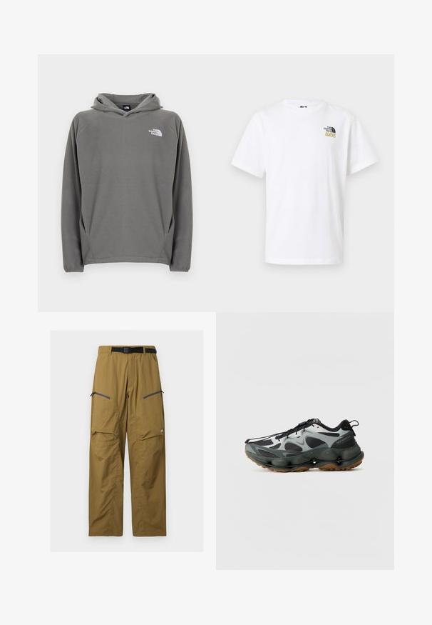Sweat à capuche en polaire grise avec une poche avant, une capuche à cordon de serrage ajustable et un petit logo blanc sur le côté gauche de la poitrine.; T-shirt blanc à manches courtes avec col rond et petit logo noir et or The North Face 1966 sur la poitrine en haut à gauche.; Pantalon de plein air kaki avec ceinture noire réglable, deux poches zippées sur les cuisses et coutures au niveau des genoux, présenté sur un fond uni.; Chaussures de sport noires et grises avec tige en mesh, semelle sculptée et semelle extérieure en caoutchouc. Présente un système de laçage sécuritaire et une languette à l'arrière.
