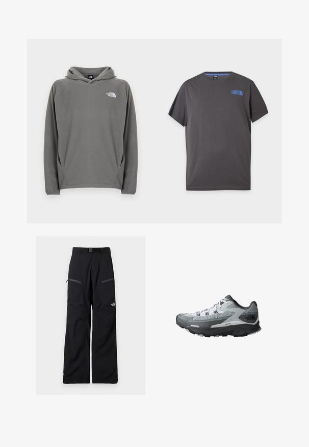 Grijze fleece hoodie met een voorzak, verstelbare capuchon met trekkoord en een klein wit logo op de linkerborst.; Donkergrijs T-shirt met korte mouwen en ronde hals met een klein blauw The North Face-logo op de linker bovenborst tegen een witte achtergrond.; Zwarte outdoorbroek met verstelbare riem, twee met rits afsluitbare dijbeenzakken en het The North Face-logo op het rechterbeen.; Trailrun schoenen met een grijs en zwart kleurenschema, bovenwerk van gaas, stevige zool en gestructureerde accenten voor grip.
