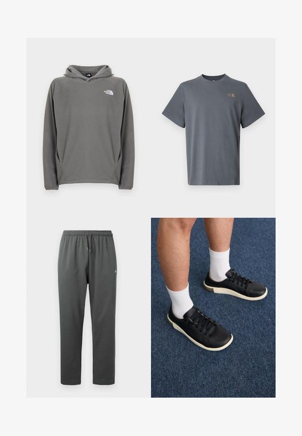 Grijze fleece hoodie met een voorzak, verstelbare capuchon met trekkoord en een klein wit logo op de linkerborst.; Grijs katoenen T-shirt met korte mouwen, ronde hals, met een klein gouden logo op de linkerborst. Soepele textuur en eenvoudig ontwerp.; Donkergrijze fleece joggingbroek met elastische tailleband en trekkoord, voorzien van een klein logo op de rechterdij.; Zwarte sneaker van glad leer, met een witte zool, zes oogjes met zwarte veters en een subtiele beige accent bij de hiel.