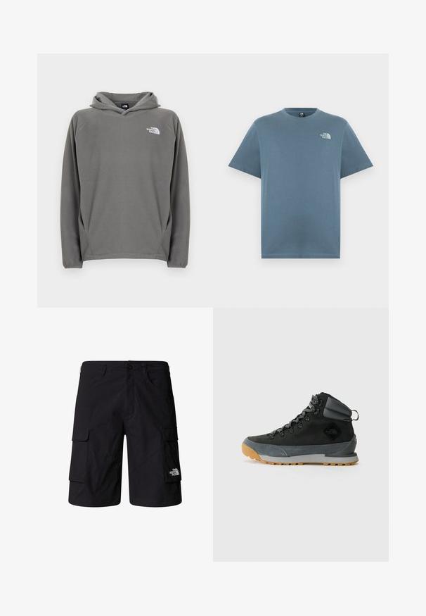 Sudadera gris de forro polar con bolsillo frontal, capucha con cordón ajustable y un pequeño logo blanco en el área del pecho izquierdo.; Camiseta azul de manga corta y cuello redondo con pequeño logo blanco de The North Face en el lado izquierdo del pecho.; Bermudas negras de carga hechas de tela ligera, con dos bolsillos laterales, dos bolsillos de carga y un logo de marca en la parte inferior de la pierna derecha.; Botas de senderismo negras de caña alta, hechas de ante texturizado y materiales sintéticos, con acentos grises, suela de goma robusta y cordones grises.