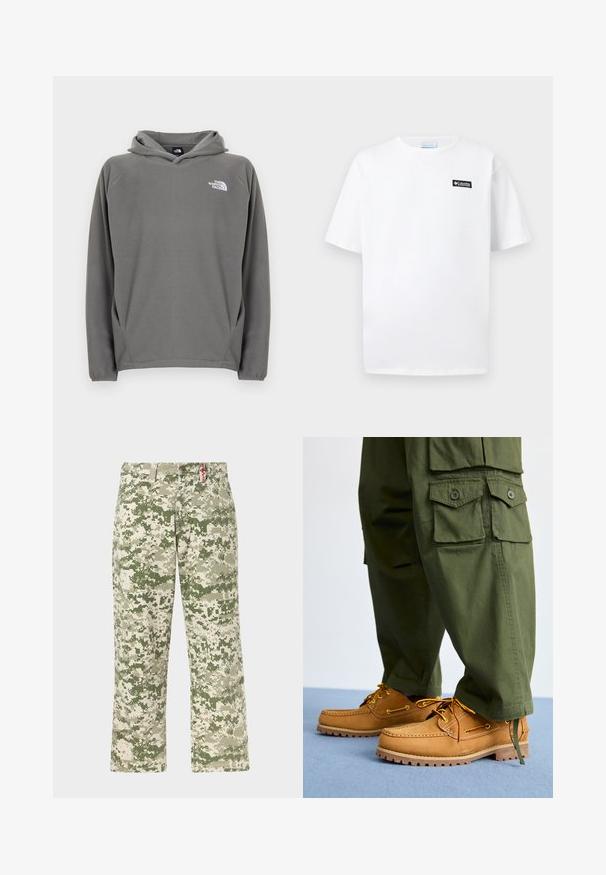 Sweat à capuche en polaire grise avec une poche avant, une capuche à cordon de serrage ajustable et un petit logo blanc sur le côté gauche de la poitrine.; T-shirt blanc à manches courtes avec col rond et petit logo rectangulaire noir Columbia sur le côté gauche de la poitrine.; Pantalons droits pour hommes avec motif camouflage pixellisé vert et beige, poches avant, présentés sur un fond clair.; Timberland AUTHENTIC 3 EYE - Chaussures bateau - wheat