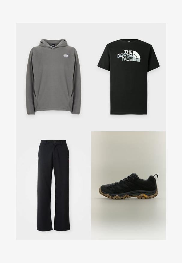 Grauer Fleece-Kapuzenpullover mit Fronttasche, verstellbarem Kordelzug an der Kapuze und kleinem weißem Logo auf der linken Brustseite.; Schwarzes T-Shirt aus Baumwolle mit einem aufgedruckten Logo in Weiß und Grau, kurzen Ärmeln und Rundhalsausschnitt.; Schwarze gerade geschnittene Hose mit Knopf- und Reißverschluss, Gürtelschlaufen und seitlichen Taschen, vor einem weißen Hintergrund präsentiert.; Schwarzer Wanderschuh mit brauner, strukturierter Vibramsohle und Zuglasche an der Ferse, seitlich auf neutralem Hintergrund gezeigt.