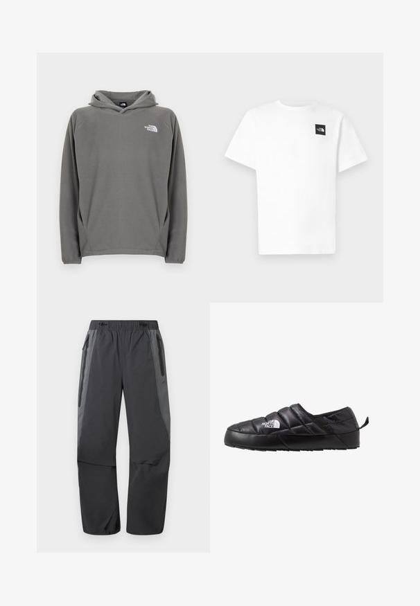 Grauer Fleece-Kapuzenpullover mit Fronttasche, verstellbarem Kordelzug an der Kapuze und kleinem weißem Logo auf der linken Brustseite.; Weißes Baumwoll-T-Shirt mit kurzen Ärmeln, auf der linken Brust mit einem schwarzen quadratischen Logo und einem Rundhalsausschnitt.; Dunkelgraue und schwarze Wanderschuhe mit elastischem Bund und seitlichen Reißverschlusstaschen, speziell für Outdoor-Aktivitäten entwickelt.; Schwarzer Slipper mit gestepptem Design, aus gepolstertem Material gefertigt. Verfügt über eine strukturierten Gummisohle und eine kleine Lasche hinten.