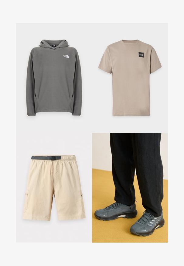 Sweat à capuche en polaire grise avec une poche avant, une capuche à cordon de serrage ajustable et un petit logo blanc sur le côté gauche de la poitrine.; T-shirt beige à manches courtes avec col rond et petit logo noir The North Face sur la partie supérieure gauche de la poitrine.; Shorts cargo beige longueur genou avec taille élastique, ceinture noire réglable à boucle, et poches latérales zippées sur un fond clair.; Baskets de sport grises en mesh et synthétique avec un profil de semelle prononcé, des accents réfléchissants et un design à lacets, associées à un pantalon noir ample.