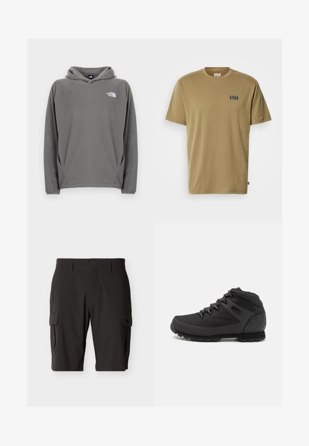 Sweat à capuche en polaire grise avec une poche avant, une capuche à cordon de serrage ajustable et un petit logo blanc sur le côté gauche de la poitrine.; T-shirt à manches courtes en coton brun clair, avec un col rond et un petit logo bleu foncé sur la poitrine gauche. Texture lisse.; Shorts cargo noirs longueur genou avec fermeture à bouton, passants de ceinture et poches latérales à rabat sur fond uni.; Bottes de randonnée mi-hautes noires avec un dessus en maille texturée, un renfort au niveau du talon et une semelle en caoutchouc dotée d'un motif de semelle pour une meilleure adhérence.