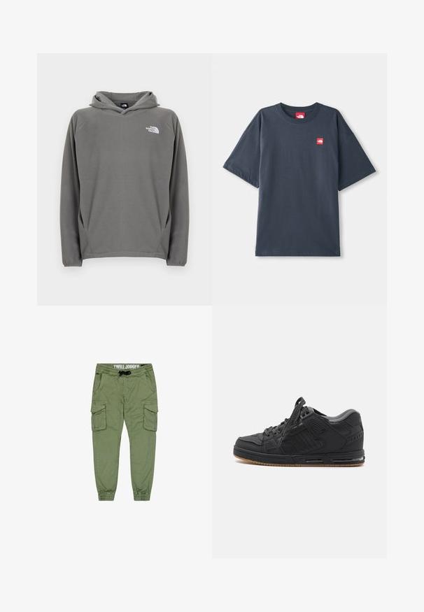Sudadera gris de forro polar con bolsillo frontal, capucha con cordón ajustable y un pequeño logo blanco en el área del pecho izquierdo.; Camiseta de manga corta azul marino oscuro hecha de algodón, con un parche de logo rojo en el lado izquierdo del pecho y un clásico cuello redondo.; Joggers de sarga verde oliva con puños elásticos, cintura con cordón y múltiples bolsillos tipo cargo para mayor almacenamiento. Tela suave y duradera.; Zapatilla deportiva negra con una parte superior sintética suave, cuello acolchado, detalles texturizados y una suela de goma con amortiguación de aire.
