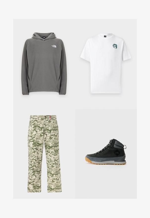 Sweat à capuche en polaire grise avec une poche avant, une capuche à cordon de serrage ajustable et un petit logo blanc sur le côté gauche de la poitrine.; T-shirt blanc à manches courtes avec un petit motif de tasse verte et le logo "The North Face" sur la poitrine gauche.; Pantalons droits pour hommes avec motif camouflage pixellisé vert et beige, poches avant, présentés sur un fond clair.; Bottes de randonnée montantes noires en suède texturé et matériaux synthétiques, avec des accents gris, une semelle en caoutchouc robuste et des lacets gris.