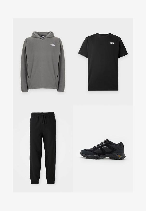 Sweat à capuche en polaire grise avec une poche avant, une capuche à cordon de serrage ajustable et un petit logo blanc sur le côté gauche de la poitrine.; T-shirt en coton noir à manches courtes, col rond, avec un petit logo blanc sur le côté gauche de la poitrine. Texture lisse, coupe standard.; Pantalons de jogging noirs avec une taille élastique et un cordon de serrage ajustable. Les poignets ajustés et les coutures latérales créent une silhouette fluide.; Chaussure extérieure noire en daim et en maille avec une semelle robuste. Présente des accents gris et une marque Vibram sur le côté. Design à lacets.