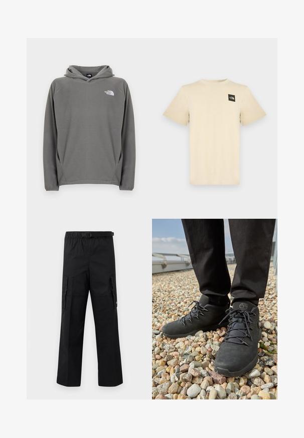 Grijze fleece hoodie met een voorzak, verstelbare capuchon met trekkoord en een klein wit logo op de linkerborst.; Beige T-shirt met korte mouwen, gemaakt van katoen, met een klein zwart vierkant logo op de linkerborst. Simpele ronde halslijn.; Zwarte cargobroek met een wijde pasvorm, een verstelbare tailleband met een gesp en twee zijzakken voor opslag. Lichtgewicht stof.; Zwarte wandelschoenen van textuurleer, stevige veters en een gewatteerde enkelkraag, gedragen met donkere broeken op een met kiezels bedekte ondergrond.