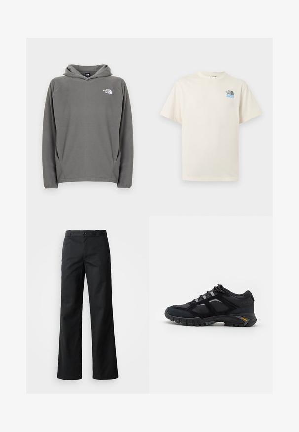 Grå fleece-hættetrøje med frontlomme, justerbar snøre i hætten og et lille hvidt logo på venstre bryst.; Off-white T-shirt med korte ærmer, rund hals og lille sort og blå The North Face-logo på venstre bryst.; Sorte bredbuks i et glat stof. Har en knaplukning, bæltestropper og sidelommer. Ren, skræddersyet silhuet.; Sort udendørs sko lavet af ruskind og mesh med en robust sål. Har grå accenter og Vibram-branding på siden. Snøredesign.