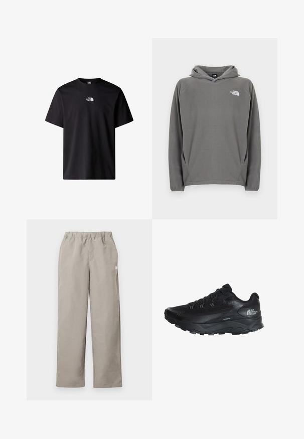 Sudadera gris de forro polar con bolsillo frontal, capucha con cordón ajustable y un pequeño logo blanco en el área del pecho izquierdo.; Camiseta de algodón negra con mangas cortas y cuello redondo. En la parte frontal se muestra un pequeño logotipo blanco de "The North Face."; Pantalones beige de corte recto con cinturilla elástica y un pequeño logo blanco en la costura lateral derecha.; Zapatilla deportiva negra con parte superior de malla transpirable, suela de goma, acentos texturizados y punta reforzada para mayor durabilidad.