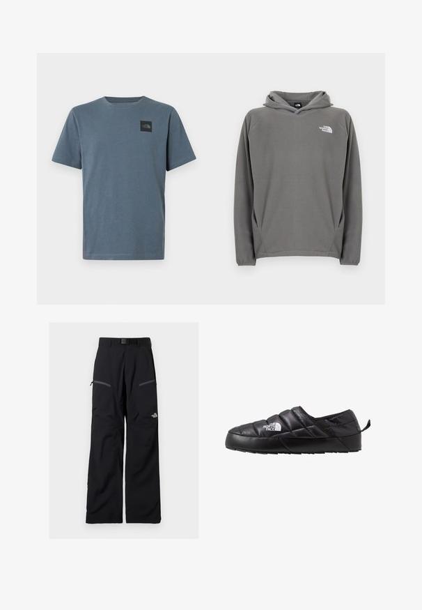 Sweat à capuche en polaire grise avec une poche avant, une capuche à cordon de serrage ajustable et un petit logo blanc sur le côté gauche de la poitrine.; T-shirt homme à manches courtes en coton bleu doux, avec un patch logo noir sur la poitrine gauche et un col rond.; Pantalon de plein air noir avec ceinture ajustable, deux poches cuisses zippées et le logo The North Face sur la jambe droite.; Chaussure noire à enfiler avec un design matelassé, fabriquée en matériau rembourré. Elle présente une semelle en caoutchouc texturée et une petite languette à l'arrière.