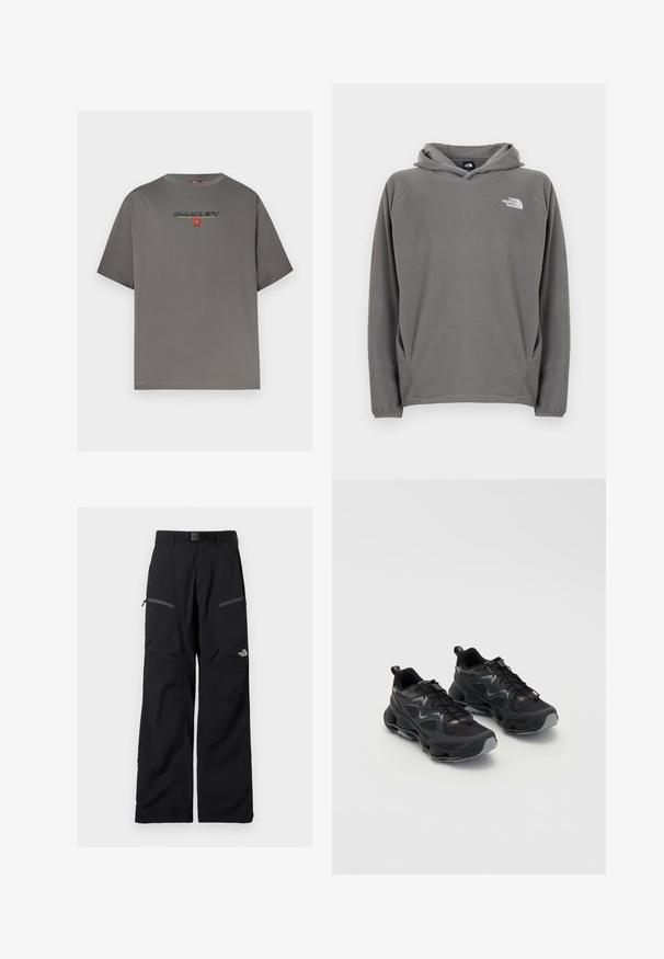 Sweat à capuche en polaire grise avec une poche avant, une capuche à cordon de serrage ajustable et un petit logo blanc sur le côté gauche de la poitrine.; T-shirt gris à manches courtes avec le logo "OAKLEY" et un petit graphisme rouge centré sur la poitrine, présenté sur un fond blanc uni.; Pantalon de plein air noir avec ceinture ajustable, deux poches cuisses zippées et le logo The North Face sur la jambe droite.; Chaussures de sport noires avec une tige en maille texturée, dotées d'une semelle épaisse, d'un système de laçage et de subtils accents gris.