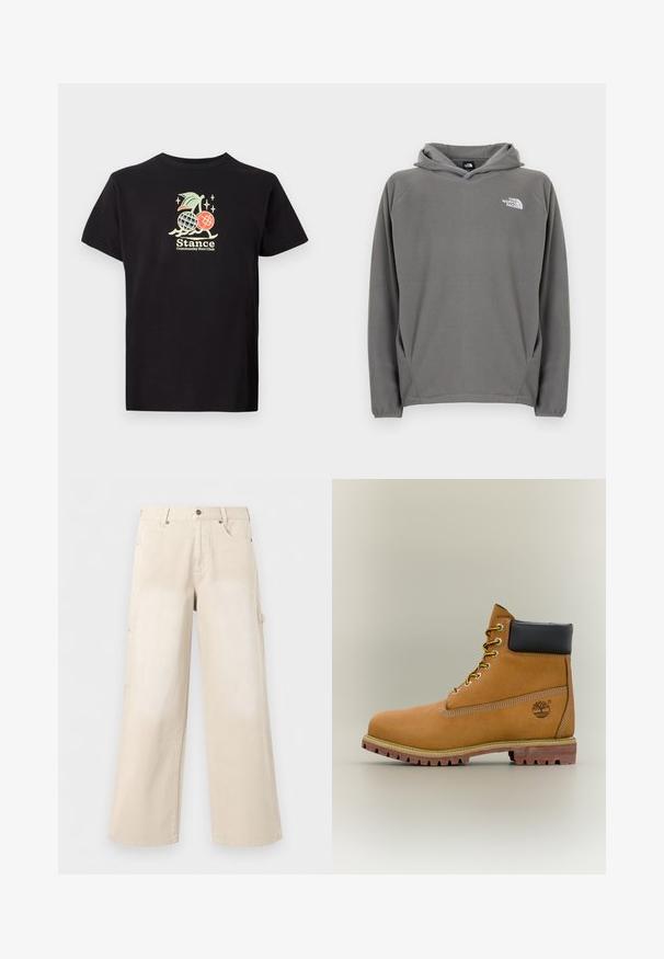 Grauer Fleece-Kapuzenpullover mit Fronttasche, verstellbarem Kordelzug an der Kapuze und kleinem weißem Logo auf der linken Brustseite.; Schwarzes Baumwoll-T-Shirt mit einem bunten Grafikdruck, der eine Ananas und Kirschen zeigt. Der Text lautet "Stance Community Run Club." Mit kurzen Ärmeln.; Beige weite Hosen mit Vordertaschen, Knopfverschluss und Gürtelschlaufen, vor einfachem weißem Hintergrund gezeigt.; Brauner Leder-Stiefelette mit schwarzem Kragen, gelben Schnürsenkeln und hellbrauner Sohle. Verfügt über ein Logo und weiße Ziernähe. Robuste Profilsohle.