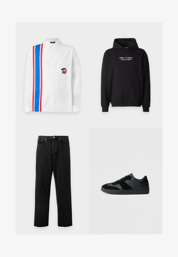 Sort hættetrøje med lomme foran og hvid tekst på brystet, der lyder "NÅR DU TVIVLER, TAG EN LUR!" i store bogstaver.; Hvid skjorte med knapper, der har et blåt og rødt stribedesign på den ene side og et sort broderet hjelm-patch på brystlommen.; Sorte denimjeans med lige ben, der har fem lommer, metalknaplukning og subtilt slid på stoffet.; Sorte sneakers med en kombination af glat læder og ruskind, med en tekstureret sort gummisål og subtil stripingdetalje.