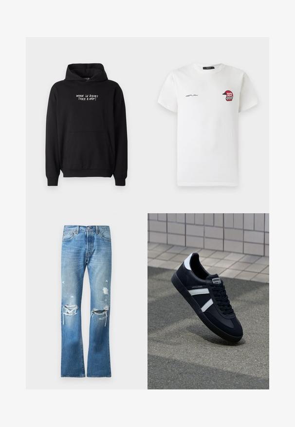 Sudadera negra con capucha y bolsillo frontal, con texto blanco en el pecho que dice "CUANDO DUDES, TÓMATE UNA SIESTA" en letras mayúsculas.; Camiseta de algodón blanca con un pequeño logo de casco de carreras rojo y negro y el texto "REPLAY" en la parte frontal. Manga corta y cuello redondo.; Jeans de mezclilla azules de pierna recta con un lavado descolorido y múltiples desgastes en ambas rodillas y muslos superiores.; Zapatilla de cuero negra con rayas blancas, suela de goma texturizada y parte frontal con cordones. Cuenta con una etiqueta de marca en la lengüeta.