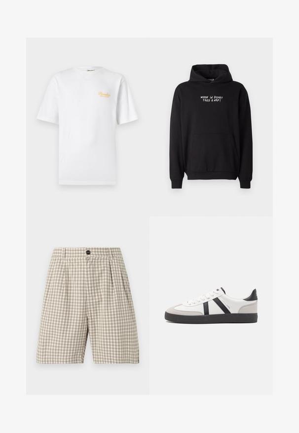 Μαύρο φούτερ με κουκούλα και εμπρόσθια τσέπη, με λευκό κείμενο στο στήθος που αναγράφει «WHEN IN DOUBT TAKE A NAP!» με κεφαλαία γράμματα.; Λευκό T-shirt με κοντά μανίκια, στρογγυλή λαιμόκοψη και μικρό κίτρινο κείμενο «Paradise Palmers» στο αριστερό στήθος.; Ανδρικά καλοραμμένα σορτς σε μπεζ και λευκό καρό, με θηλιές για ζώνη, πτυχώσεις στο μπροστινό μέρος, πλαϊνές τσέπες και κούμπωμα με κουμπί στη μέση.; Λευκό αθλητικό παπούτσι με μαύρες και γκρί λεπτομέρειες, featuring ένα υφή γκρί καλύμμα δαχτύλου, μαύρη καουτσούκ σόλα και επίπεδες λευκές κορδόνες. Καθαρός σχεδιασμός, μινιμαλιστικό στυλ.
